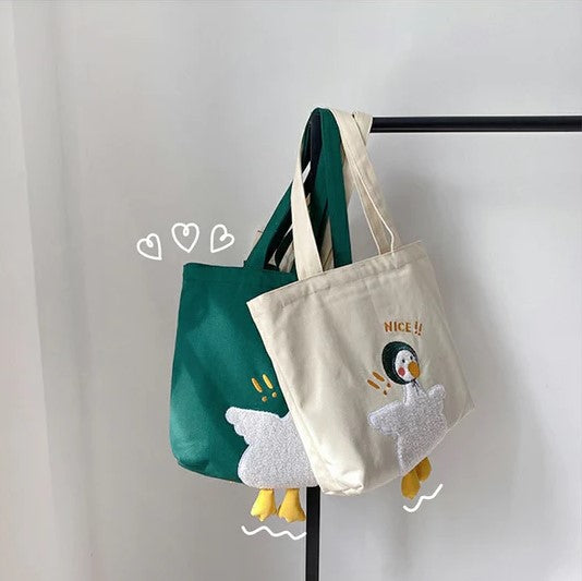 Adorable Duck Embroidery Tote Bag