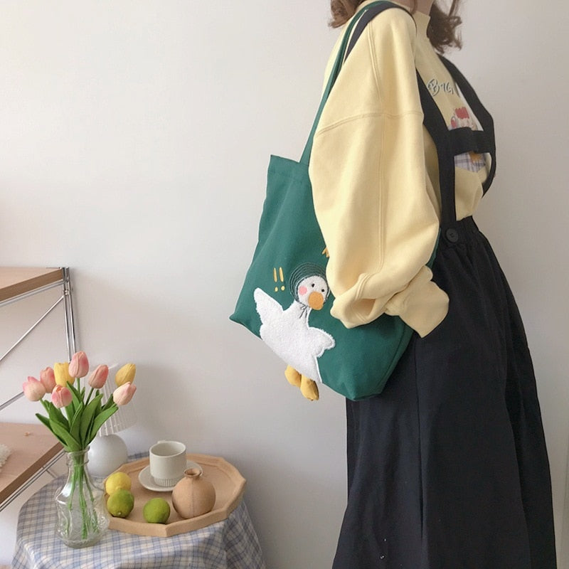 Adorable Duck Embroidery Tote Bag